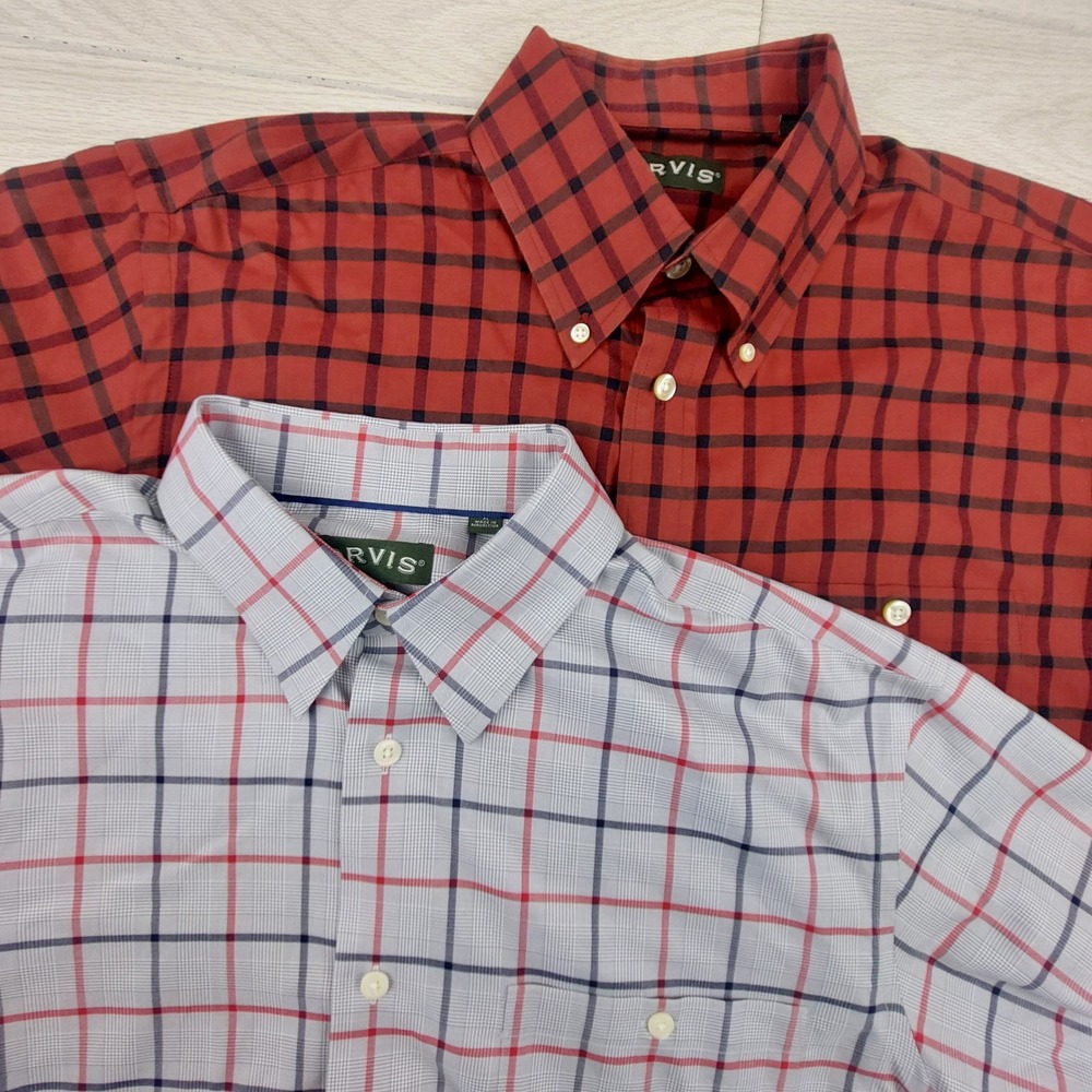 Orvis Button Down Shirts Men XL Red White Plaid Cotton Long Sleeve Lot of 2